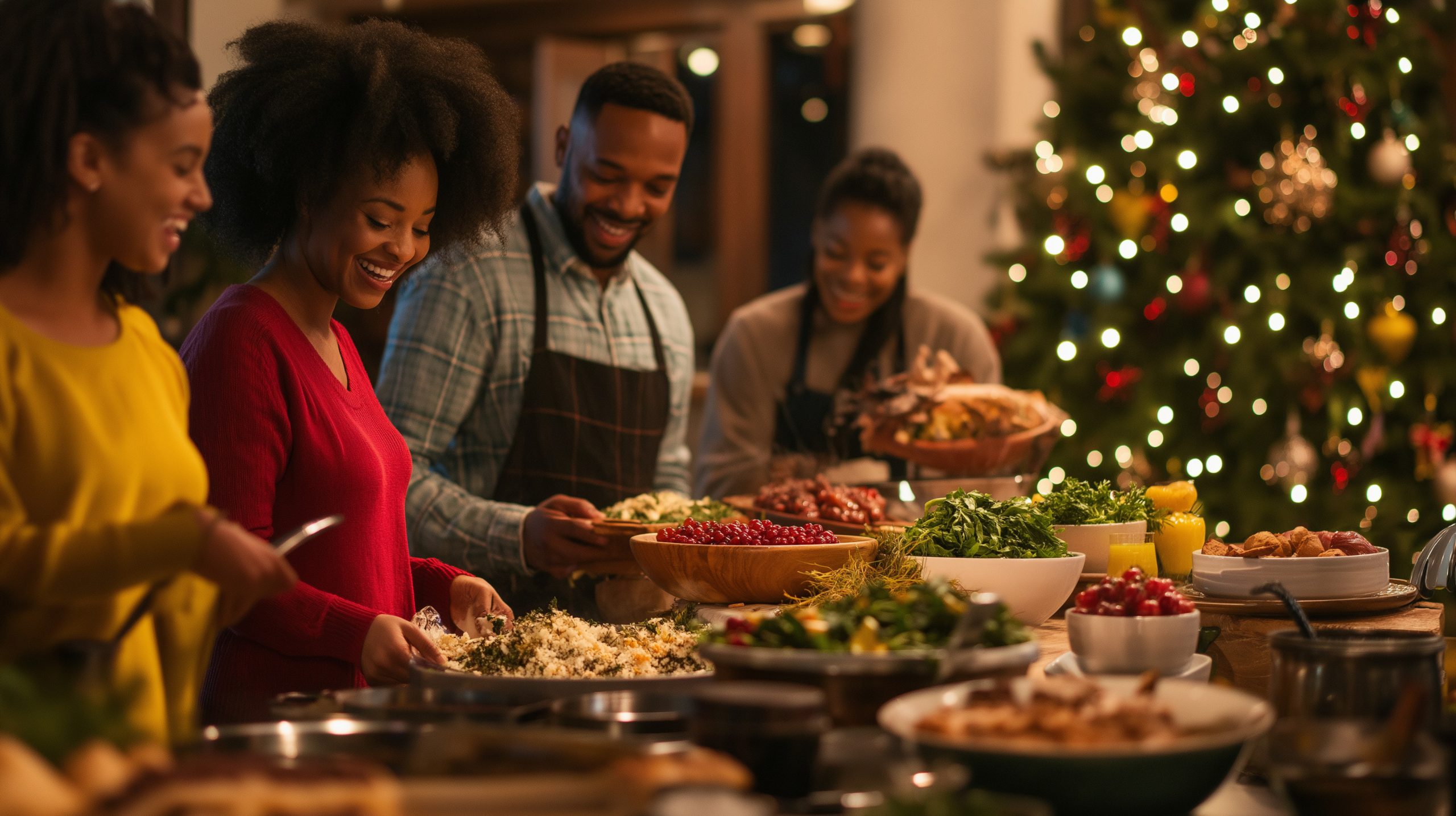 Family preparing Christmas dinner together by festive tree