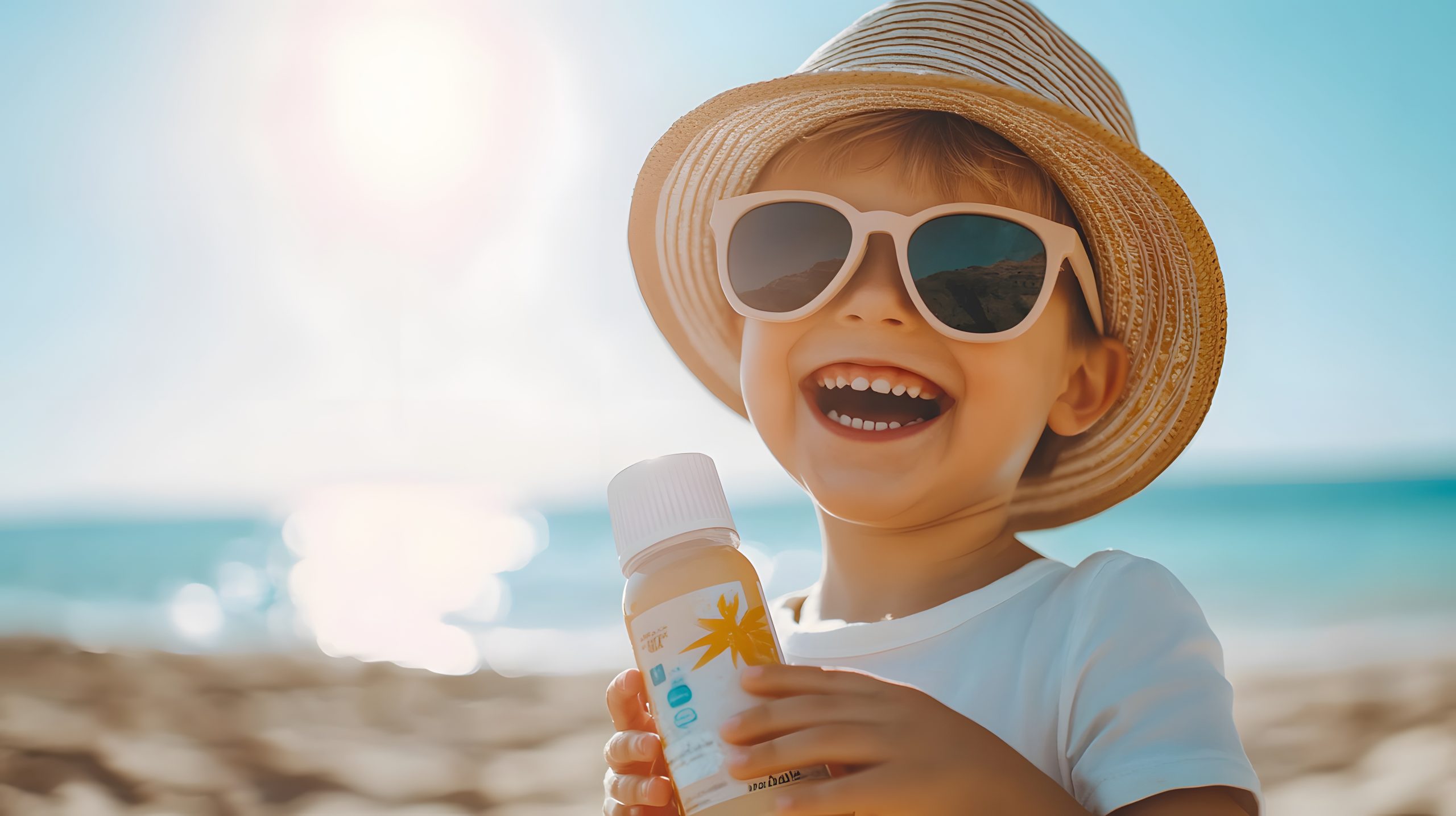 A child with a hat and sunglasses, holding a bottle of sunscreen with a big smile, bright sun shining down, sand and sea in the background, mood of joy and protection, warm and playful tones