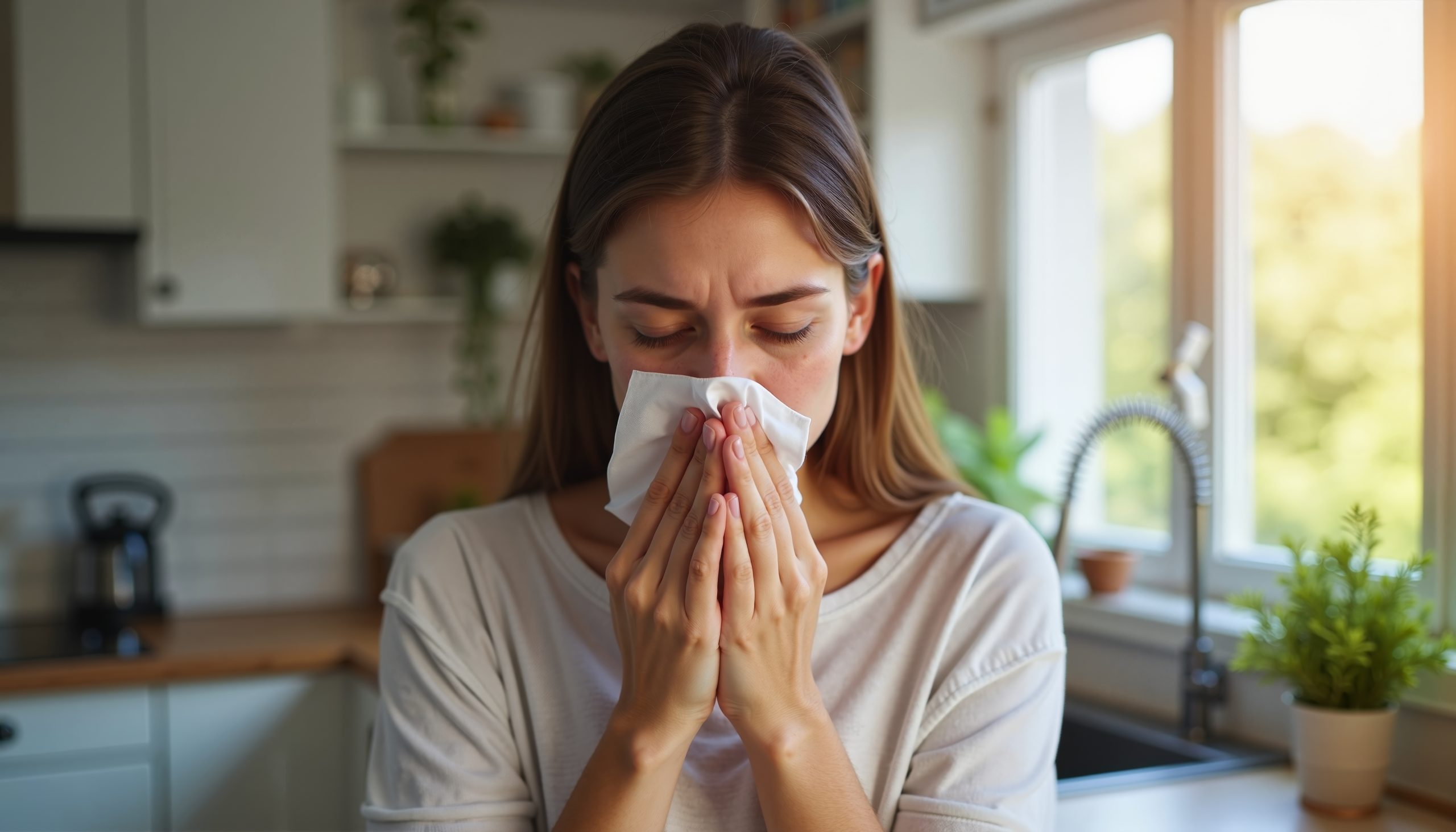 Woman sneezing into tissue in bright kitchen